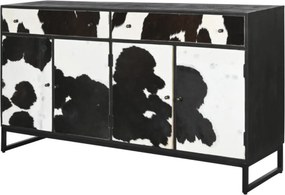Bufet din lemn de mango și metal, negru, cu 4 uși și 2 sertare din piele de vacă cu păr, finisaj mat, 90 x 172 x 45 cm, „Vachette”