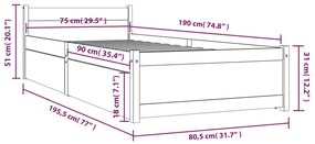 Cadru de pat cu sertare Small Single 2FT6, gri, 75x190 cm Gri, 75 x 190 cm