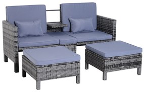 Outsunny Set Mobilier de Grădină, Scaun de Grup, 3 Piese, Canapea de Exterior, 2 Taburete, 2-5 Persoane, Perne de șezut, Ratan, gri | Aosom Romania