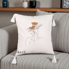 Perna Decorativa Portret Feminin Doua Flori, 40x40 cm, Bej cu Franjuri, Husa Detasabila, Perna Inclusa, BEKZ®