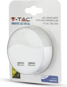 Lampa de veghe rotunda cu senzor si USB, chip Samsung, 0.45W, lumina calda (3000K), 2A, V-TAC