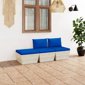 Set mobilier gradina din paleti, 3 piese, cu perne, lemn de molid Albastru, 2x mijloc + suport pentru picioare, 1