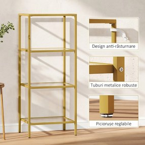 HOMCOM Unitate de Rafturi cu 4 Nivele, Raft de Sticlă, Raft de Stocare Vertical pentru Sufragerie, Birou Acasă, Dormitor, Baie, Tonuri de Aur | Aosom Romania