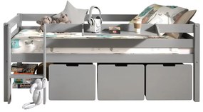 Dormitor Pino GRI 90x200 cm – Confort și ordine cu scară, 3 sertare & raft suspendat | Gama PINO