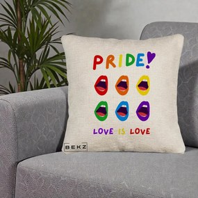 Perna Personalizata Pride Love is Love Curcubeu, 40x40 cm, Bej Canapea, Husa Detasabila, Perna Inclusa, BEKZ®