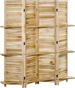 HOMCOM Paravan separator interior pliabil cu 4 panouri și rafturi din lemn de paulownia, 162x170 cm, Lemn | Aosom Romania