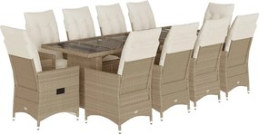 vidaXL Set bistro de grădină, 11 piese, cu perne, bej, poliratan