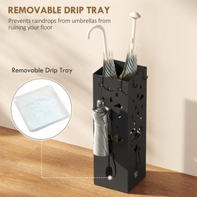 HOMCOM Suport de Umbrele Pătrat din Metal pentru Intrare, Suport Autoportant cu Tavă Detașabilă și 4 Cârlige, pentru Interior și Exterior, 15.5x15.5x49 cm, Negru | Aosom Romania