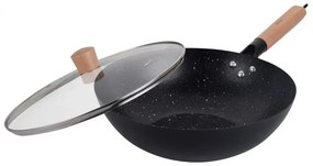 Kinghoff KH 1984 wok, 30 cm, Capac din sticlă cu gaură pentru abur, Finisaj marmură, Inducție, Negru