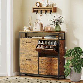 HOMCOM Dulap pentru pantofi cu 4 sertare pliabile, design compact, raft deschis, pentru 12-20 de perechi de pantofi, oțel, maro | Aosom Romania