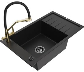 Mexen Elias chiuvetă de granit cu un compartiment, cu picurător și baterie de bucătărie Duo, Neagră - 6511-77-671701-57-B