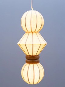 Lustra suspendată din bumbac și in, natur, cu structură din lemn, formă geometrică, 95x38 cm, „Lumea"