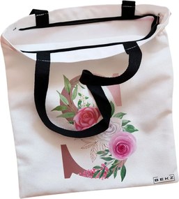 Sacosa de Panza pentru Cumparaturi, Geanta Tote, Cu litera S Rose Gold si Trandafiri, Cu fermoar, 38x34.5 cm, Alba, BEKZ®