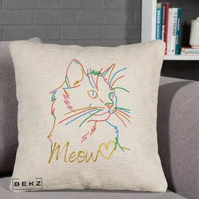 Perna Personalizata Pisica Meow Arta Linie Colorata, 40x40 cm, Bej Canapea, Husa Detasabila, Perna Inclusa, BEKZ®