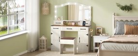 SEA818 - Set Masa toaleta 108 cm, cosmetica machiaj, oglinda cu LED, masuta vanity cu Priza, USB si Suport Uscator par, scaunel tapitat - Alb