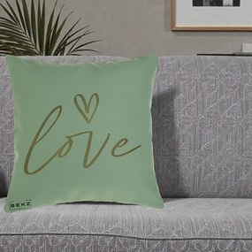Perna Decorativa Love Caligrafie Aurie, 40x40 cm, Verde, Husa Detasabila, Perna Inclusa, BEKZ®