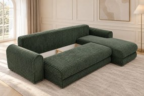 Colțar extensibil Sienna din stofă raiată, verde, colț pe dreapta, cu ladă de depozitare