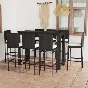 Set mobilier bar de exterior cu perne crem, 9 piese, poliratan Negru, Lungime masa 140 cm, 9
