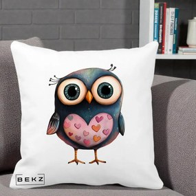 Perna Decorativa Bufnita cu Inimioare Roz, 40x40 cm, Alba Mata, Husa Detasabila, Perna Inclusa, BEKZ®