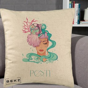 Perna Personalizata Zodiac Pesti Cowgirl, 40x40 cm, Bej, Husa Detasabila, Perna Inclusa, BEKZ®