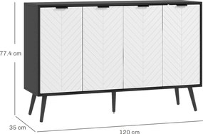 HOMCOM Bufet cu 4 uși Bufet pentru living Rafturi reglabile Picioare din lemn pentru bucătărie Alb și Negru 120x35x77,4 cm | Aosom Romania