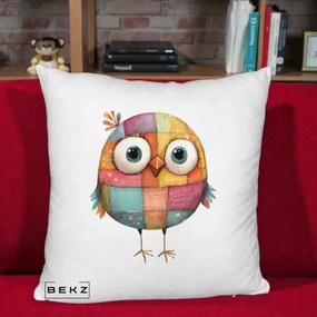 Perna Decorativa Pasare Patchwork Colorata, 40x40 cm, Alb Pufos, Husa Detasabila, Perna Inclusa, BEKZ®