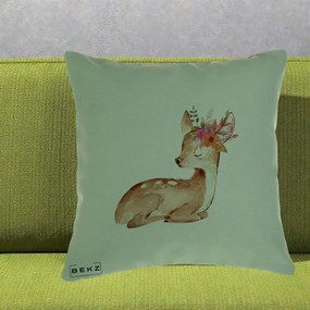 Perna Decorativa Caprioara cu Flori in Coama, 40x40 cm, Verde, Husa Detasabila, Perna Inclusa, BEKZ®