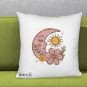 Perna Personalizata Luna si Soare Floral Boho, 40x40 cm, Alb Pufos, Husa Detasabila, Perna Inclusa, BEKZ®