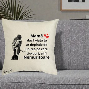 Cadou pentru Mama - Perna Personalizata Mama Nemuritoare Gravura Vintage, 40x40 cm, Ecru, Husa Detasabila, Perna Inclusa, BEKZ®