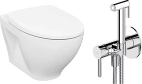 Pachet vas wc suspendat Cersanit Moduo, capac softclose si set dus igiena intima crom cu baterie incastrata Omnires Y