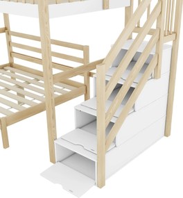 Pat supraetajat 90x200 cm cu scară cu spațiu de depozitare pentru copii, fără saltea, Culoare naturală+Alb