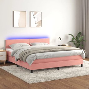 vidaXL Pat cu arcuri, saltea &amp; LED, roz, 180x200 cm, catifea