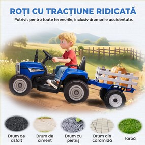 HOMCOM Tractor Electric pentru Copii cu Remorcă Detașabilă, Telecomandă, Port USB, Muzică și Lumini, 3-6 Ani, Albastru | Aosom Romania