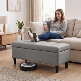 HOMCOM Bancă cu depozitare 136 L, 110x41x42 cm, piele ecologică potrivită pentru animale de companie, gri | Aosom Romania