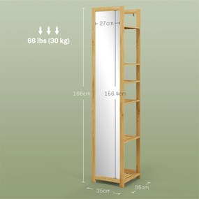 HOMCOM  Poliță Baie pe 6 Niveluri cu Oglindă, Suport de Depozitare Multifuncțional, 35x35x168 cm, Lemn Natural | Aosom Romania