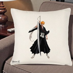 Perna Personalizata Bleach Ichigo Kurosaki Zangetsu, 40x40 cm, Crem Reliefat, Husa Detasabila, Perna Inclusa, BEKZ®