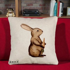 Perna Decorativa Iepuras Acuarela cu Morcov, 40x40 cm, Bej Canapea, Husa Detasabila, Perna Inclusa, BEKZ®