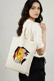 Sacosa de Panza pentru Cumparaturi, Geanta Tote, model Abstract face 2, 38x34.5 cm, Alba, BEKZ®