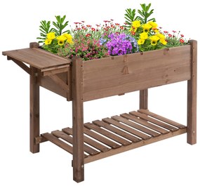 Outsunny Jardinieră Supraînălțată din Lemn | Grădinărit cu Raft Pliabil și Spațiu de Depozitare | 123x54x74 cm Maro | Aosom Romania