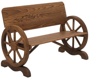 Outsunny Banca de Gradina 2 Locuri cu Spatar Inalt, Banca din Lemn de Brad cu Roti de Caruta Laterale, 114x58x80 cm, Maro Carbonizat