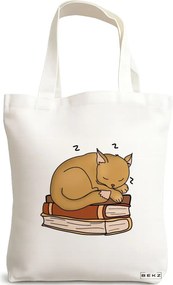 Sacosa de Panza pentru Cumparaturi, Geanta Tote, model Cat Booky Life, 38 x 34.5 cm, Alba, BEKZ®