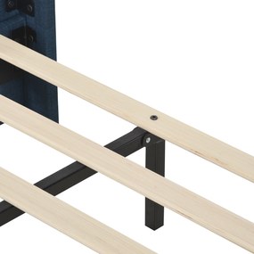 Pat dublu cu tăblie tapițată și somieră cu lamele, design elegant din in, fără saltea, 140x200 cm, Albastru