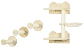 PawHut Trepte de cățărat, Perete de cățărat, Treaptă pentru pisici, set format din 4 piese, cu copaci de zgâriere, hamac, bej+crème, 40 x 28 x 73cm | Aosom Romania