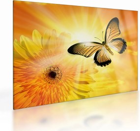 Tablou pe sticlă - Fluture galben cu flori (70x50 cm)