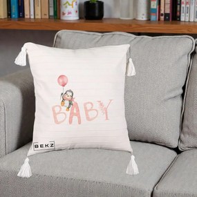 Perna Personalizata Baby Pinguin Roz, 40x40 cm, Bej cu Franjuri, Husa Detasabila, Perna Inclusa, BEKZ®