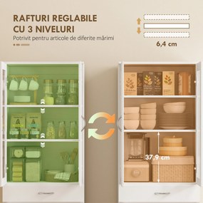 HOMCOM Dulap de Bucătărie Înalt 180 cm cu Uși din Sticlă Soft-Close, Sertar și 2 Dulapuri, Polițe Reglabile, Alb | Aosom Romania