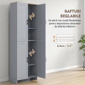 HOMCOM Dulap cămară de bucătărie din lemn cu 2 rafturi reglabile și 4 uși, 60x30x170,5 cm, gri | Aosom Romania