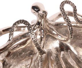 Bol decorativ din aluminiu reciclat, argintiu, în formă de scoică mare, cu caracatiță, centru de masă, decor marin, finisaj lucios, 14 x 43 x 28 cm,