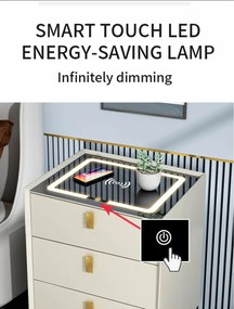 Noptieră inteligentă multifuncțională, 3 sertare, blocare cu amprentă, LED-uri tactile, 3 tipuri de culoare, încărcare fără fir, Difuzor Bluetooth, incarcare USB, sticla securizata, Alb