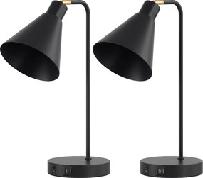HOMCOM Set de 2 Lămpi de Masă Moderne din Oțel cu Porturi USB, E27, Becurile Nu Sunt Incluse, Negru | Aosom Romania